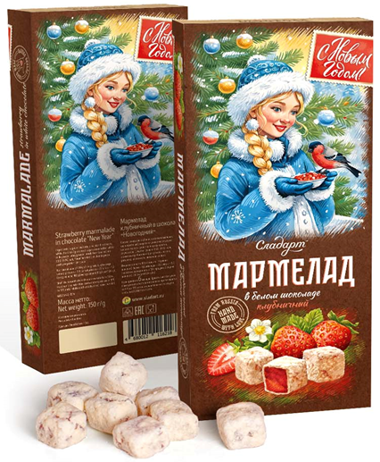 №1 Сладарт(11621) Мармелад Новогодний "Снегурочка" Клубничный в белом шоколаде, 150г   в Невинномысске
